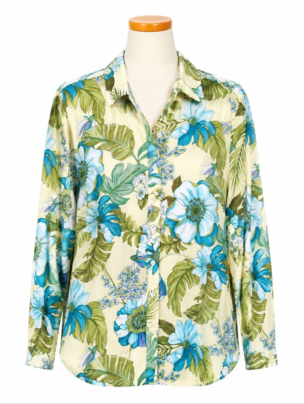 Talbots Plus Size 1X Tropical Floral Button Down Shirt Cotton Long Sleeve Yellow